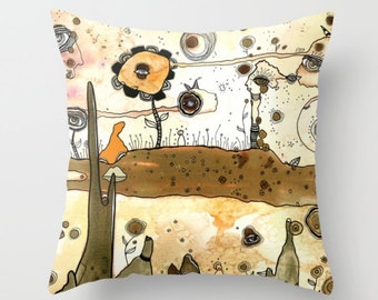 Whimsical Artwork on Throw Pillow Cushion Cover Artist Original Art painted for Fun Decor Home Designs Bedroom Couch Bed Unique Gift Ideas