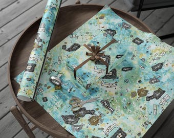 Wrapping Paper | Surreal Sky Gift Wrap, Whimsical Blue Green Original Art