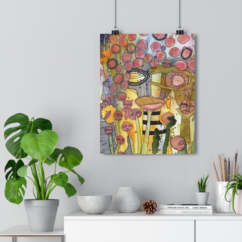May include: Abstract watercolor painting featuring a colorful, whimsical scene with a large eye, pink and yellow mushrooms, and a variety of other shapes and patterns.