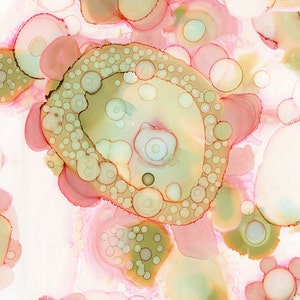 May include: Abstract art print with a pink, yellow, and green color scheme. The print features a variety of overlapping circles and dots.