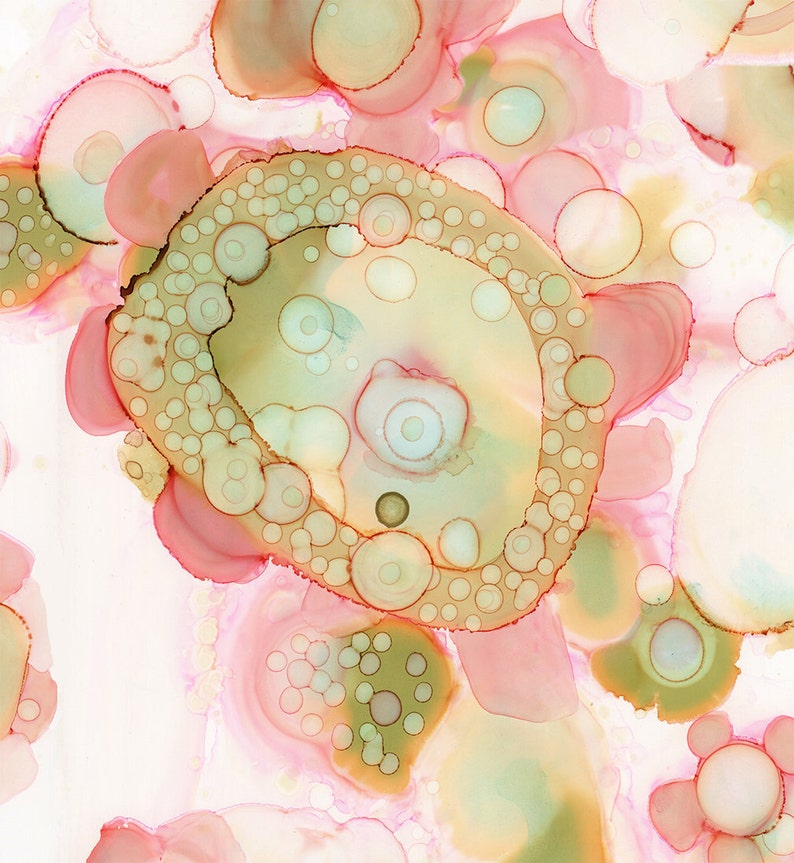 May include: Abstract art print with a pink, yellow, and green color scheme. The print features a variety of overlapping circles and dots.