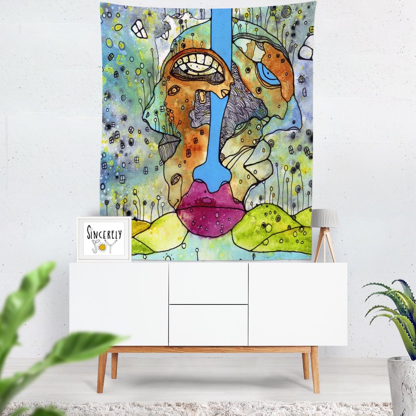 Large Whimsical Art Tapestry Wall Hanging Colorful Creature Etsy