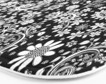 Black White Floral Modern Art Bath Mat Microfiber Flower Rug Black