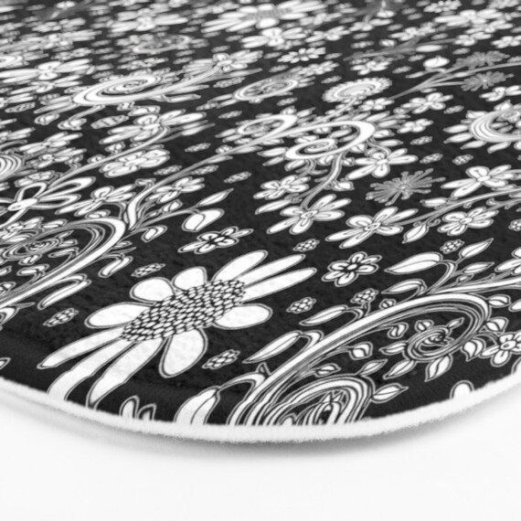 Black White Floral Modern Art Bath Mat Microfiber Flower Rug Black