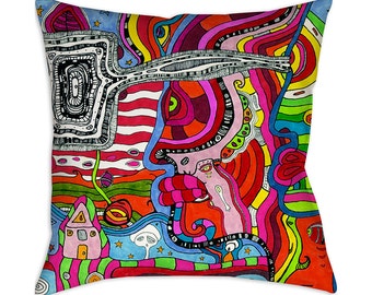 May include: A colorful throw pillow with a psychedelic design featuring abstract shapes, lines, and swirls in shades of red, orange, yellow, green, blue, pink, and black.