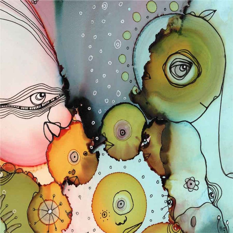 May include: Abstract artwork featuring a collection of colorful, organic shapes. The painting uses a palette of pink, yellow, green, and blue hues, with black line details. The composition includes eye-like forms and circular elements, creating a whimsical and imaginative feel.