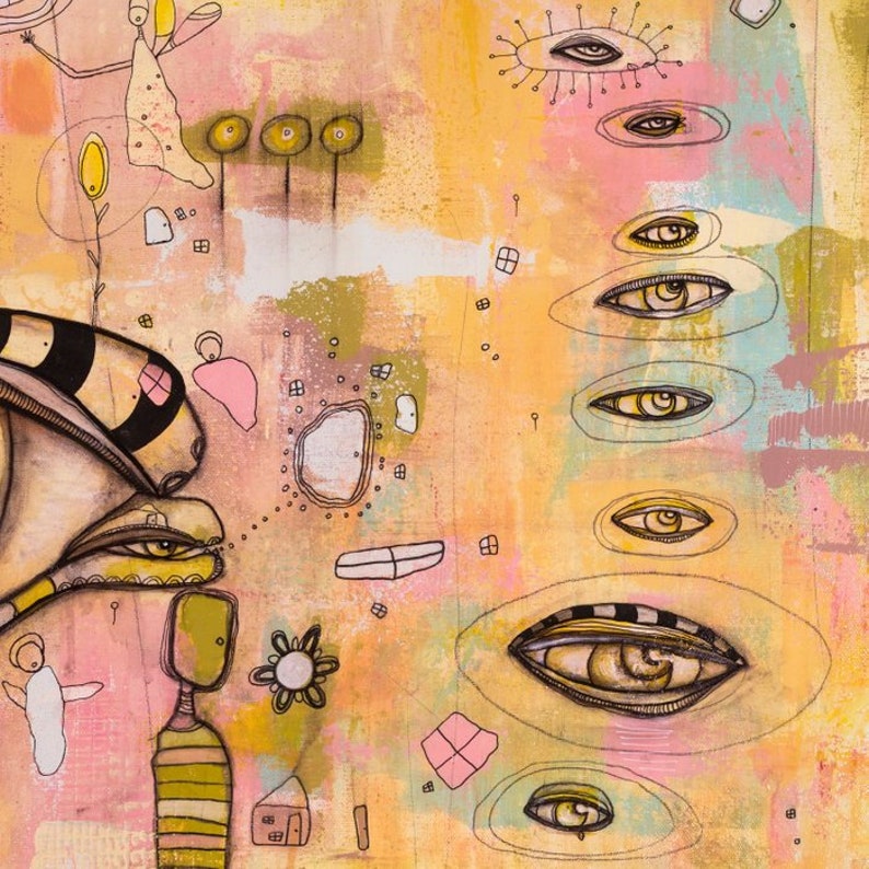May include: Abstract painting with a whimsical style featuring a variety of shapes and colors. The painting includes a large eye with a striped eyelid, a smaller eye with a yellow iris, and several other eyes with different colors and patterns. The background is a mix of pink, yellow, and green.
