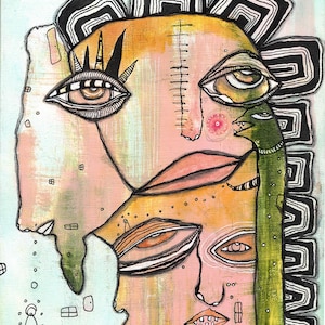 Puede incluir: Obra de arte abstracta en t&eacute;cnica mixta que representa dos rostros estilizados con m&uacute;ltiples ojos, en tonos melocot&oacute;n, naranja y verde. La obra incluye detalles de l&iacute;nea negra y una figura verde con forma de reptil. La firma del artista es visible.