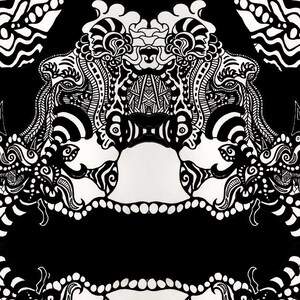 May include: Black and white abstract illustration with intricate patterns and swirling designs. The artwork features a symmetrical design with a central focal point and a repeating pattern of organic shapes.