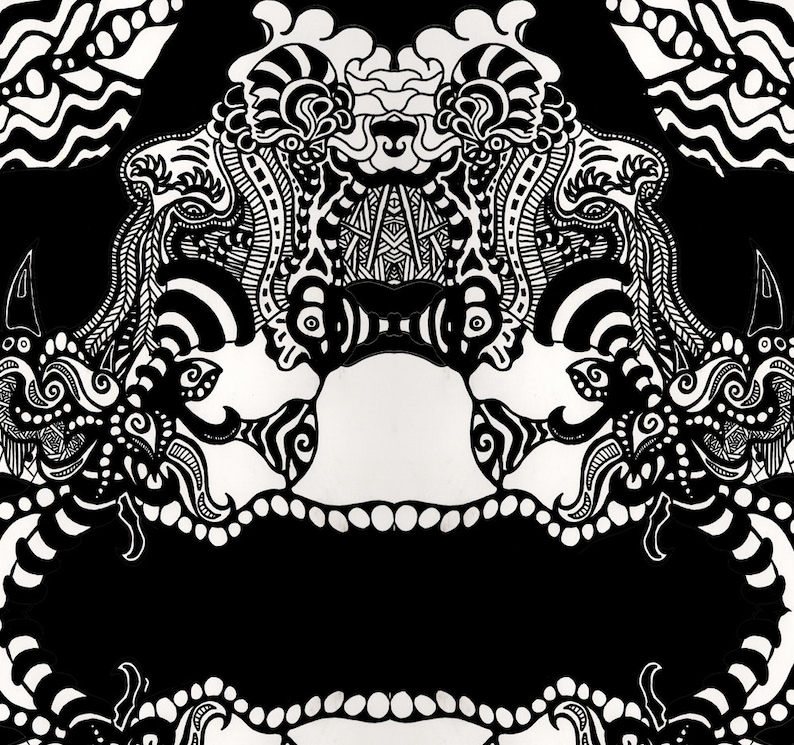 May include: Black and white abstract illustration with intricate patterns and swirling designs. The artwork features a symmetrical design with a central focal point and a repeating pattern of organic shapes.