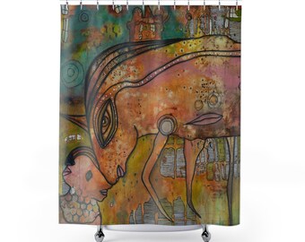 Unicorn Shower Curtain Whimsical Colorful Abstract Art Bathroom Decor Accessories Unique Intuitive Artwork Eclectic Bath Decor Maximalism