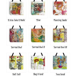 May include: A collection of tote bags featuring colorful, abstract artwork with various themes, including cityscapes, nature, and surreal imagery. The bags are all white with black handles and the text "TOTABLE ART by C. CAMBRA" is visible in the bottom right corner.