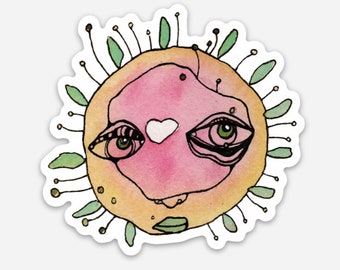 May include: A watercolor illustration of a pink and yellow sun with a heart in the center and green leaves around the edges. The sun has two eyes with green pupils and black eyelashes.