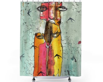 Colorful Shower Curtain Abstract Creature Black Birds Art Bathroom Decor Accessories Unique Artwork Whimsical Artist Fabric Bath Curtains