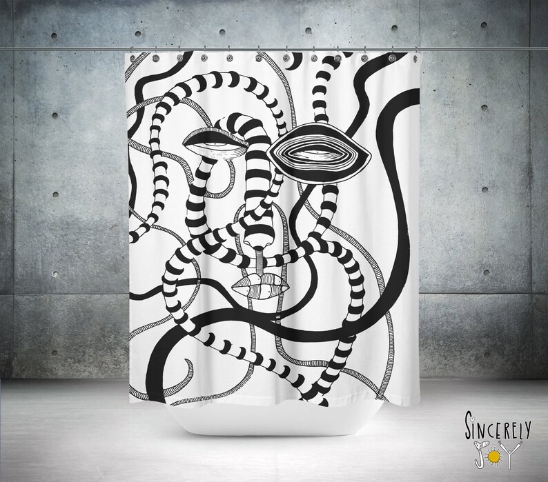 UNIQUE Black White Abstract Art Shower Curtain Funky Outsider Etsy