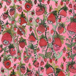 Puede incluir: Un fondo rosa con un patr&oacute;n repetitivo de fresas rojas con caras. Las fresas tienen hojas y tallos verdes. Las fresas est&aacute;n dibujadas en un estilo caprichoso con ojos y bocas grandes.