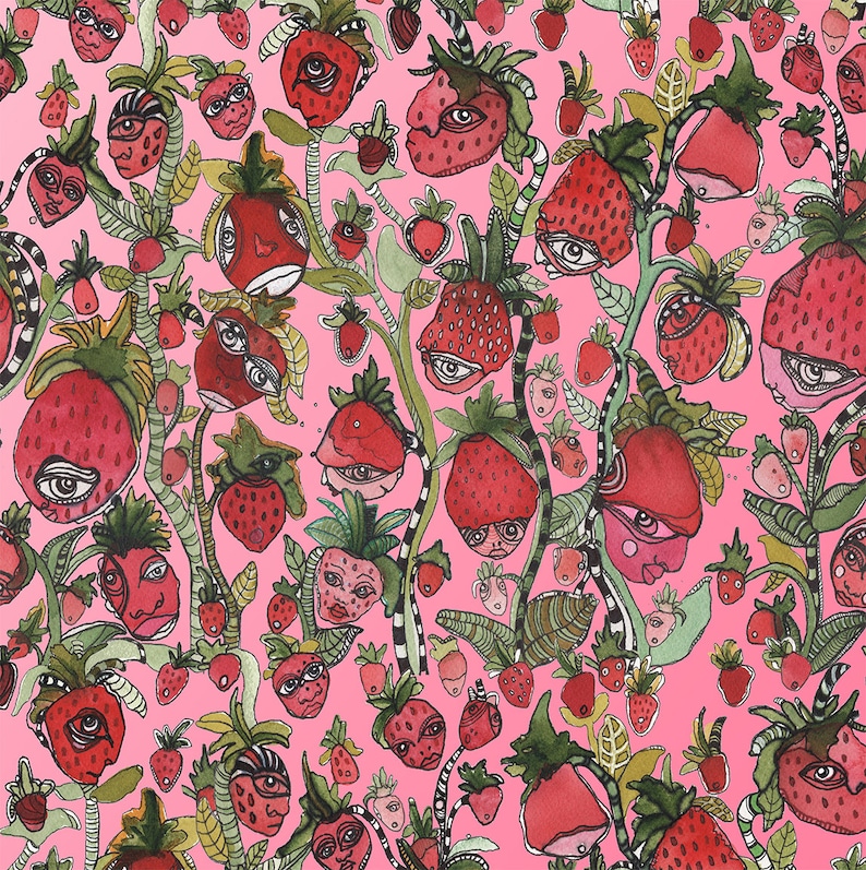 Puede incluir: Un fondo rosa con un patr&oacute;n repetitivo de fresas rojas con caras. Las fresas tienen hojas y tallos verdes. Las fresas est&aacute;n dibujadas en un estilo caprichoso con ojos y bocas grandes.