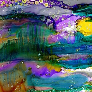 May include: Abstract painting with a colorful, layered design. The painting features a variety of colors, including purple, blue, green, yellow, and white. The painting is made up of several layers of paint, which create a sense of depth and texture. The painting is also decorated with small, round circles, which add to the overall abstract design.