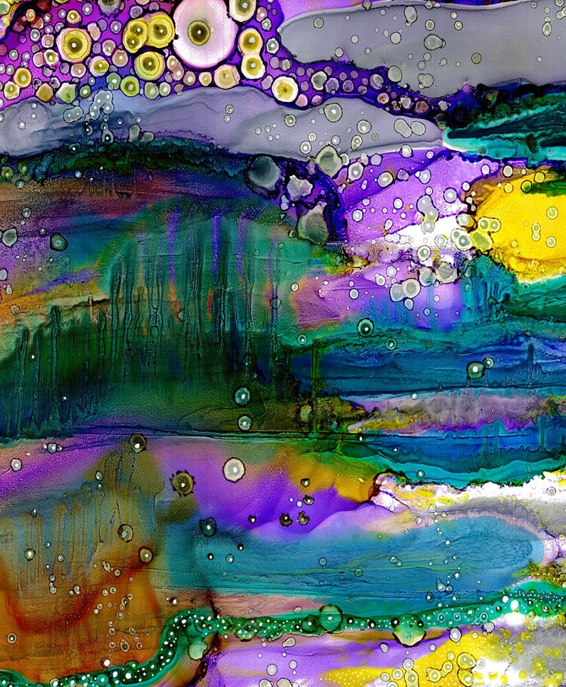 May include: Abstract painting with a colorful, layered design. The painting features a variety of colors, including purple, blue, green, yellow, and white. The painting is made up of several layers of paint, which create a sense of depth and texture. The painting is also decorated with small, round circles, which add to the overall abstract design.