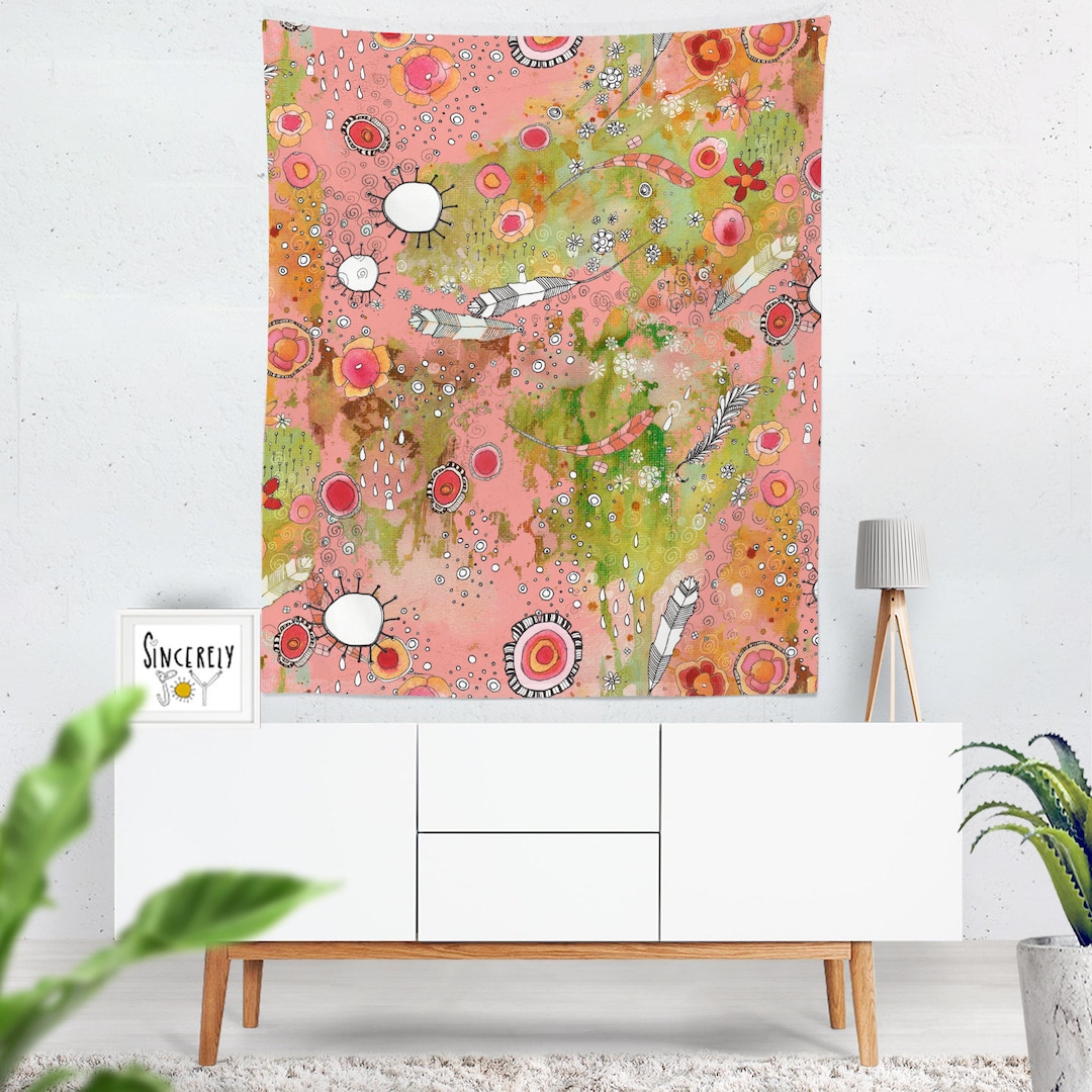 Pink Boho Wall Tapestry Cute Large Floral Wall Art Hanging Flower