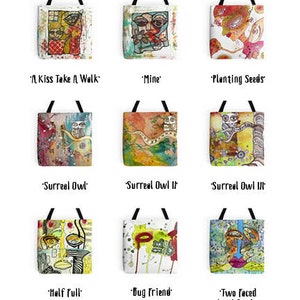 May include: A collection of 15 tote bags with colorful, abstract, and whimsical designs. Each bag features a unique title, such as "City Life", "Sing Me A Song", and "Take it Walk". The bags are all made by "TOTABLE ART by C. CAMBRA".