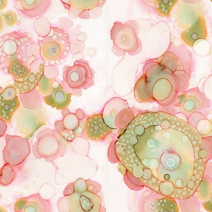 May include: Abstract art print featuring a pink and green watercolor design with overlapping circles and dots.