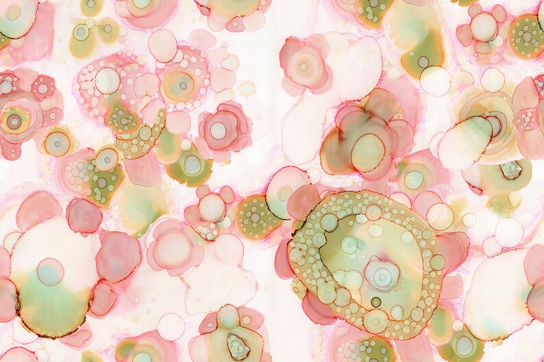 May include: Abstract art print featuring a pink and green watercolor design with overlapping circles and dots.