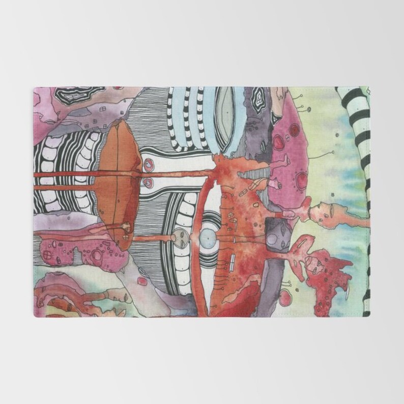 May include: Abstract watercolor painting with a colorful, layered design. The painting features a variety of shapes and lines, including circles, squares, and stripes. The colors are bright and vibrant, and the overall effect is whimsical and playful.
