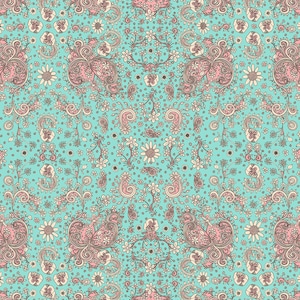 May include: A seamless pattern featuring a paisley design with pink and brown floral accents on a turquoise background.