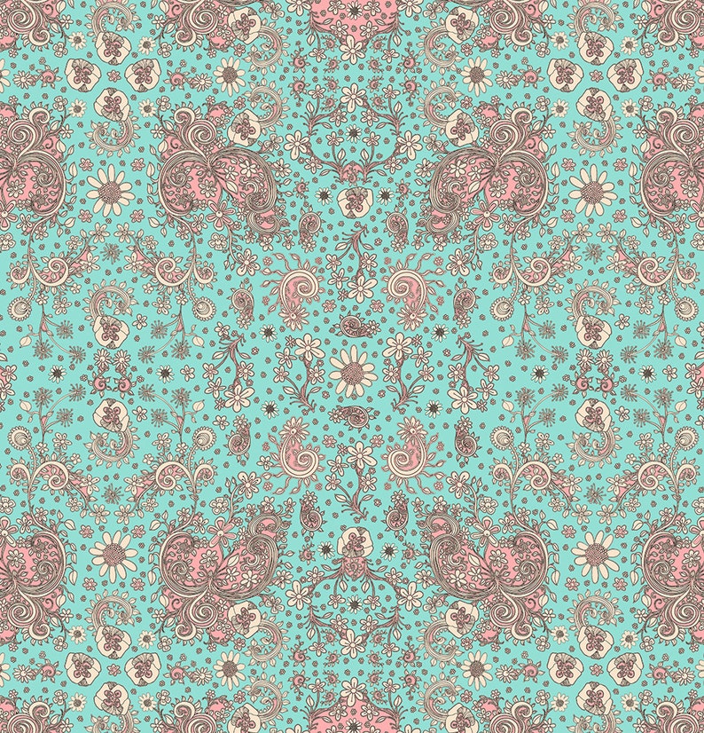 May include: A seamless pattern featuring a paisley design with pink and brown floral accents on a turquoise background.