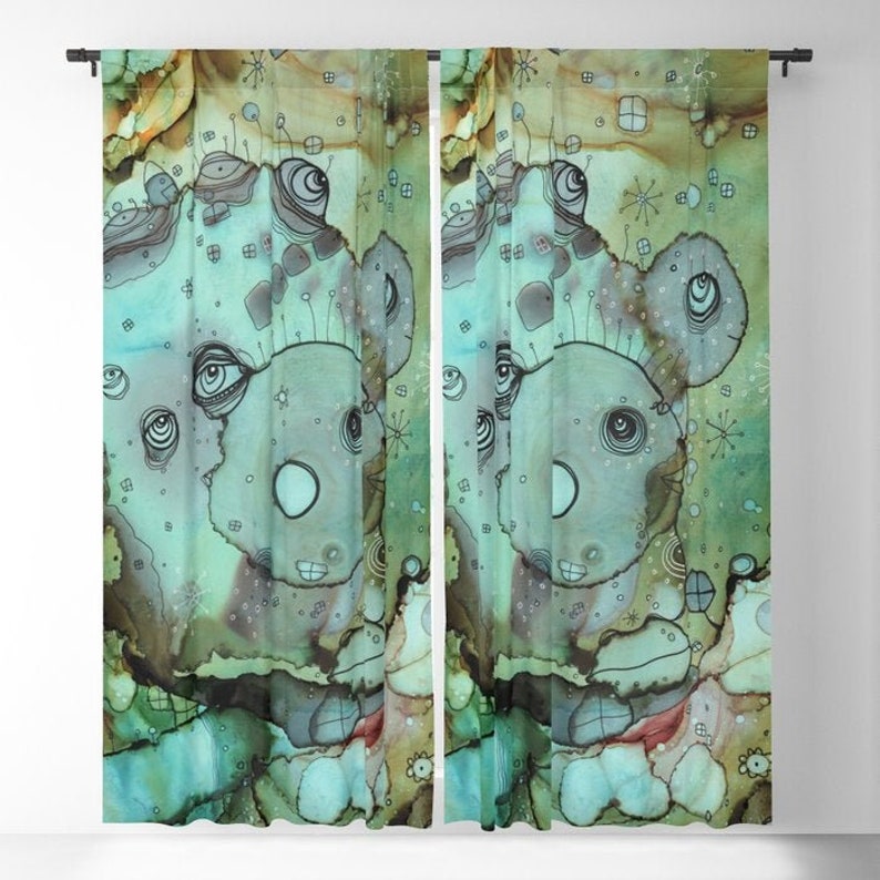 May include: Abstract watercolor painting of a whimsical creature with large eyes and a textured, green and blue background. The creature has a whimsical, cartoon-like appearance.
