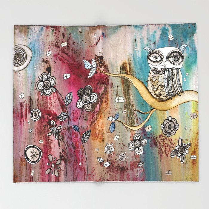 Fleece Bohemian Owl Art Blanket Colorful Owls Painting Original Artwork Blankets Warm Boho Throw Art