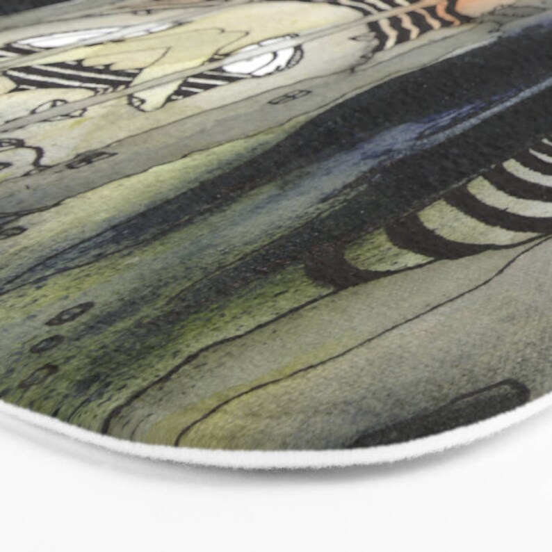 May include: Abstract watercolor painting with black and white stripes and a faded green and blue background.