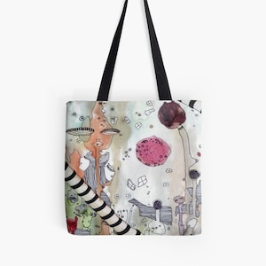 May include: A tote bag with a colorful abstract design featuring a pink circle, black and white stripes, and a variety of shapes and lines.