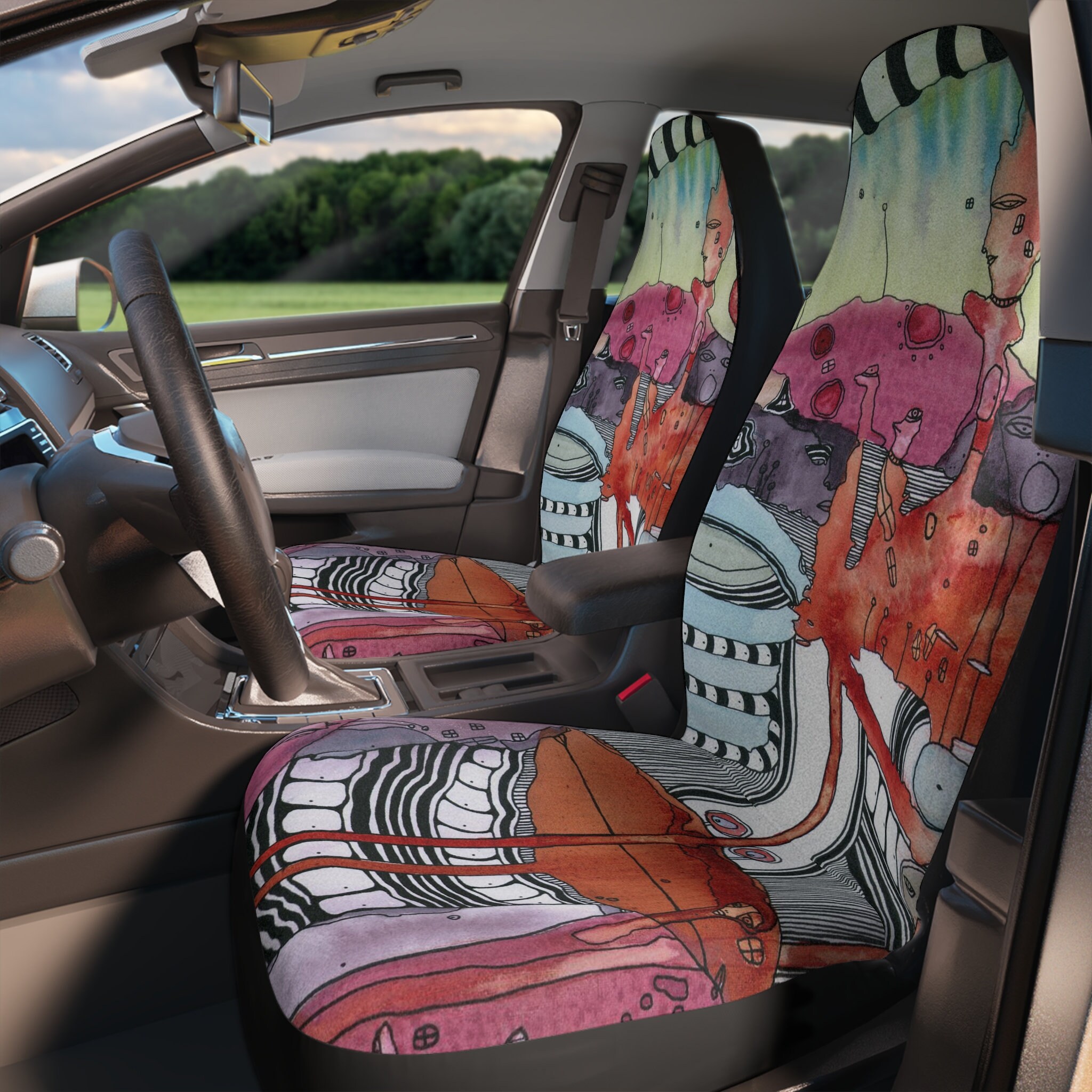 Crazy Car Seat Covers Colorful Big Eyes Face Artwork on Car SUV Vehicle Seat Covers Unique Designer Hippie Vibe Car Accessories New Car Gift
