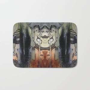 May include: Abstract watercolor painting of a face with multiple eyes and a striped pattern. The painting is in shades of gray, brown, and white.