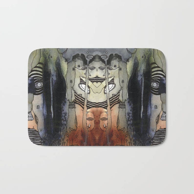 May include: Abstract watercolor painting of a face with multiple eyes and a striped pattern. The painting is in shades of gray, brown, and white.