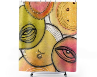 Maximalist Shower Curtain Cute Colorful Original Artwork Design Unique Whimsical Intuitive Art Fun Eclectic Bathroom Accessories Bath Decor