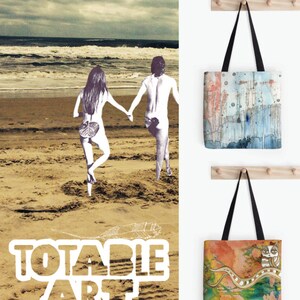 May include: A collection of tote bags featuring colorful abstract art and designs. The bags are hanging on a wooden rack. The text "TOTABLE ART by C. CAMBREA" is visible at the bottom of the image.