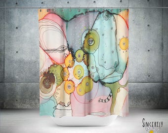 Könnte beinhalten: Abstrakter Duschvorhang mit einem farbenfrohen Design mit Kreisen, Wirbeln und Augen. Der Hintergrund ist eine Mischung aus Rosa, Blau und Grün.