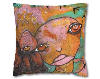 Pillow Cover with Original Colorful Art Painting of Abstract Quirky Face Pillowcase | Unique Artwork Throw Cushion Covers