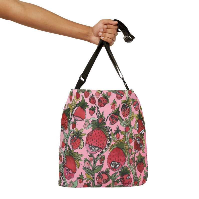 Bolso tote ajustable con diseño original de fresas en bolsas reutilizables. Divertido diseño de fresas para la escuela, el gimnasio, la playa, el supermercado o como bolso para pañales. imagen 3