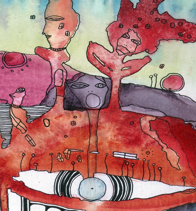 May include: Abstract watercolor painting with a red, orange, and purple color scheme. The painting features a large eye with black and white stripes, a red tree-like figure, and a purple figure with a large mouth.