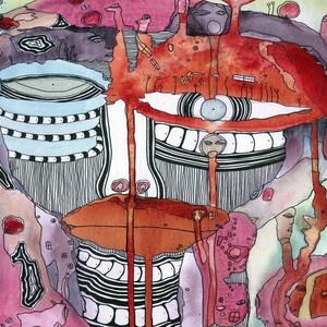 May include: Abstract watercolor painting with a red, orange, and black color scheme. The painting features a series of overlapping shapes and lines, creating a sense of depth and movement. The painting is reminiscent of a face with a large eye and a wide mouth.