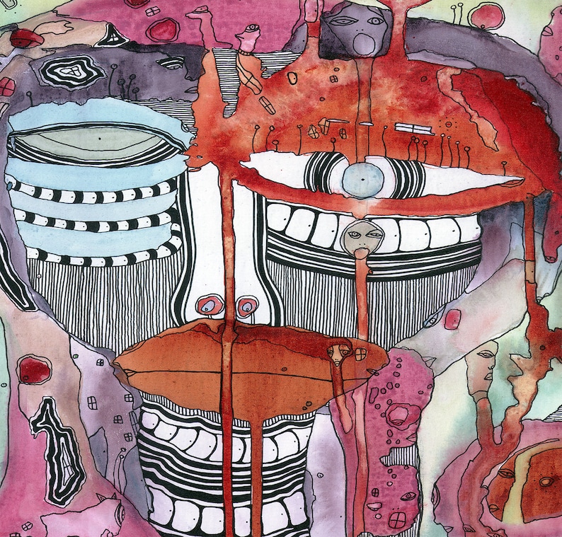 May include: Abstract watercolor painting with a red, orange, and black color scheme. The painting features a series of overlapping shapes and lines, creating a sense of depth and movement. The painting is reminiscent of a face with a large eye and a wide mouth.