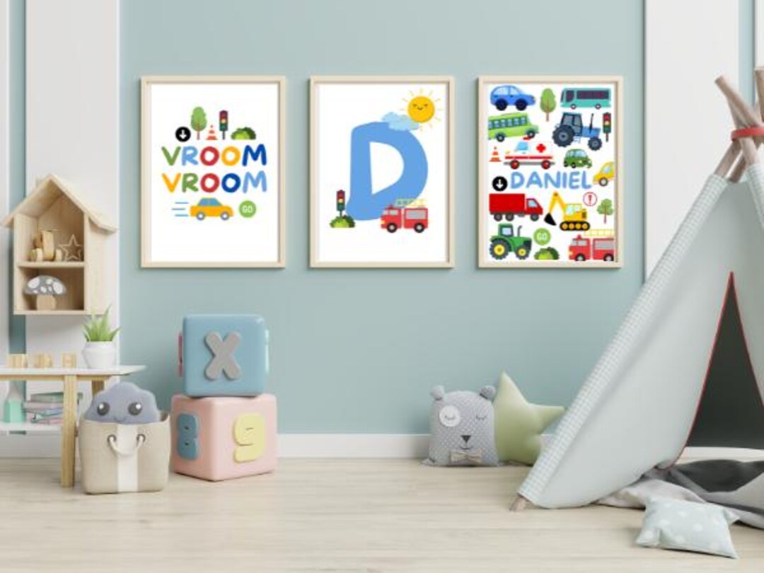 Set of 3 Boys Personalised Room Posters - Colourful Playroom Prints