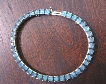 Tennis Bracelet Blue Rhinestone Silver Tone Metal Vintage