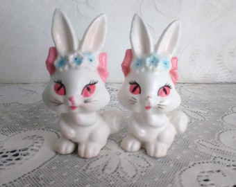 2 Lefton Bunny Rabbits Easter Bunnies Big Pink Eyes Figurines Vintage