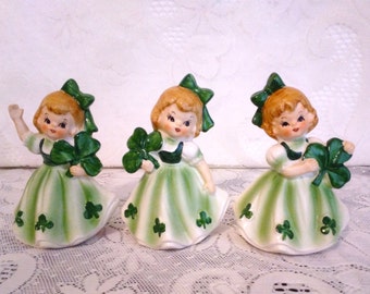 LEFTON Set of 3 St. Patrick's Day Figurines With Shamrock Dresses Vintage 1960s