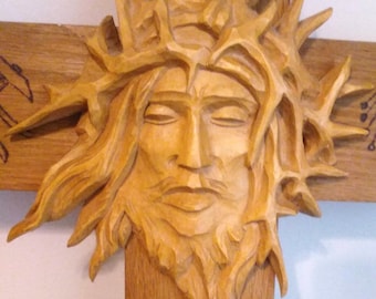 Crucifix Cross Jesus Christ Face Hand Carved Wood Germany Large 20X13